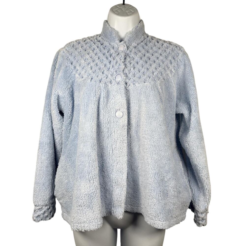 Vintage Sante Classics Blue Bed Jacket Womens S Lounge Cardigan Robe 90s Y2K